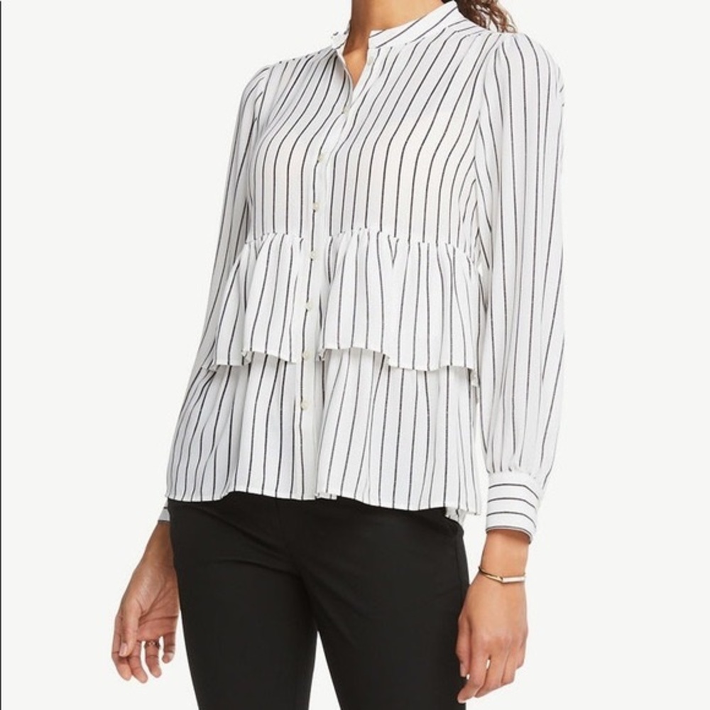 Ann Taylor Factory White Black Striped Peplum Button Front Blouse